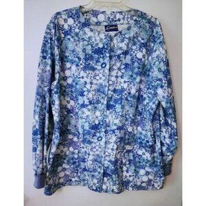 Crest Blue Floral Cotton Polyester Medical Nurses Uniform Scrub Top Size Large